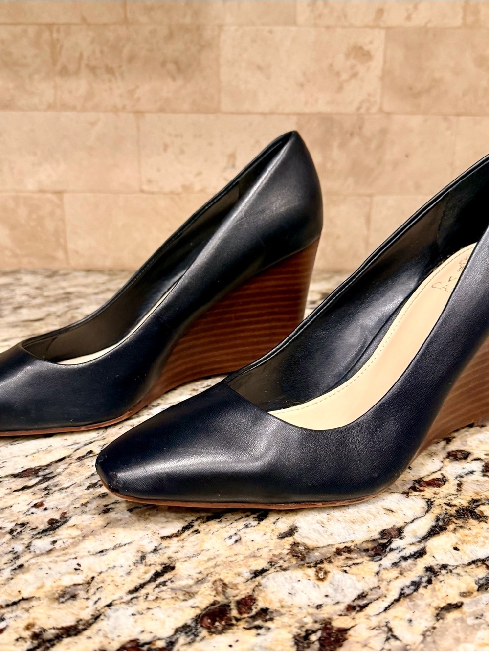 Vince Camuto Black Leather Pointed Wedge Pumps